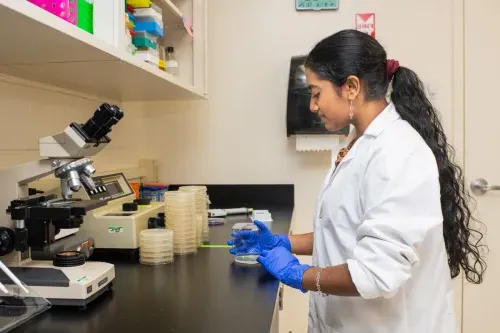 A student in a white coat prepares slides for a microscope in a lab